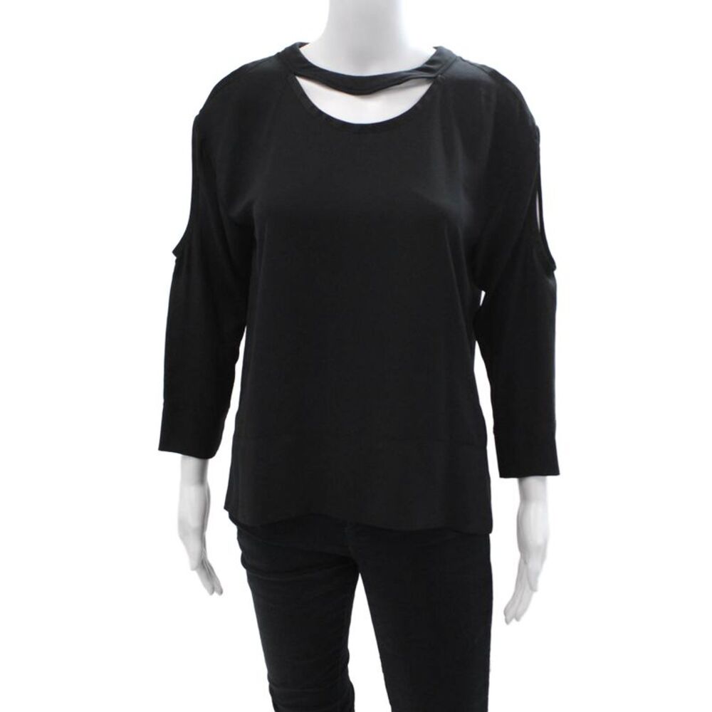 IRO Women Black 3/4 Sleeve Round Neck Blouse Button Polyester Size S